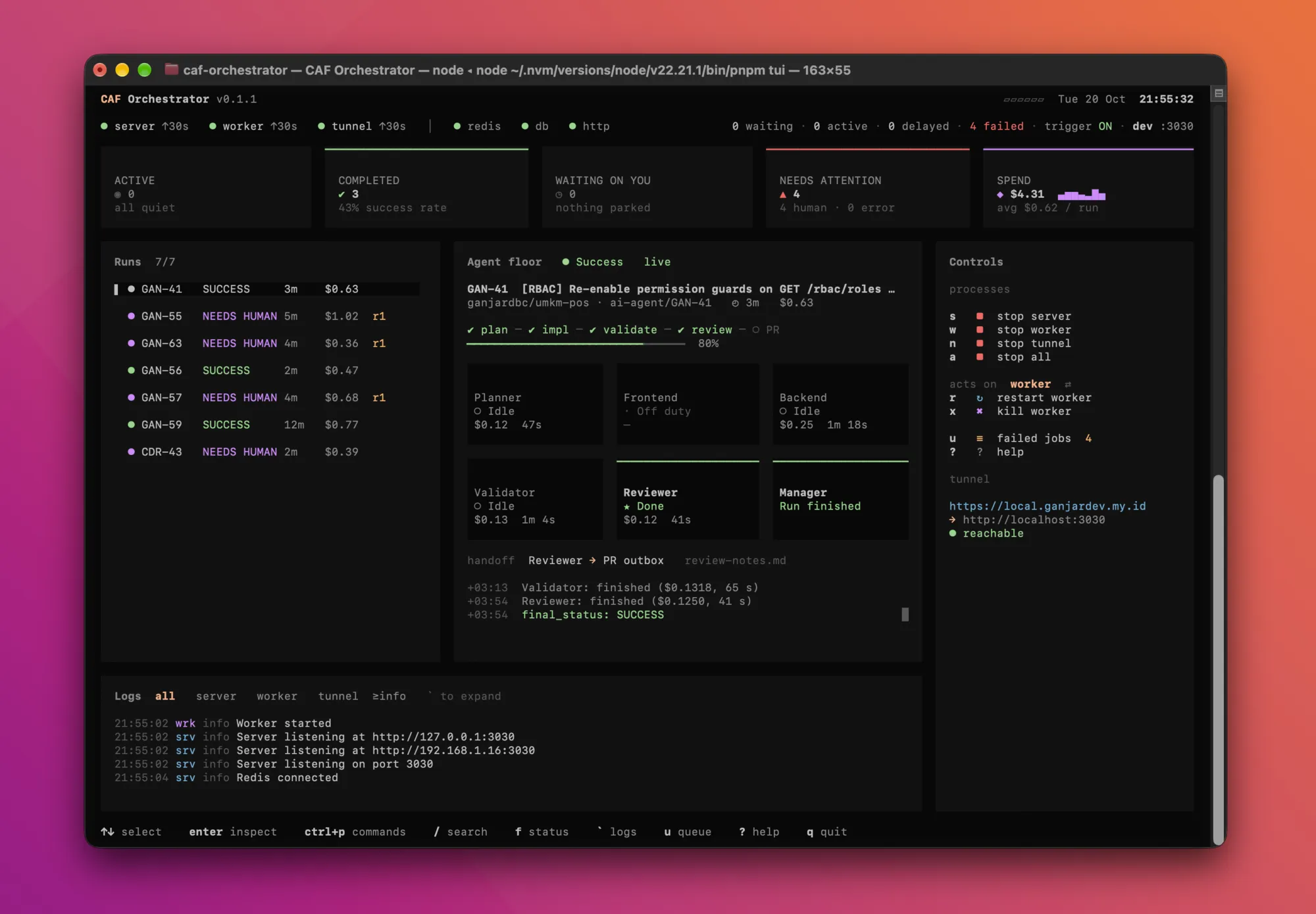 The CAF Orchestrator terminal UI: process status, summary cards, runs, a text Agent Floor, controls and logs